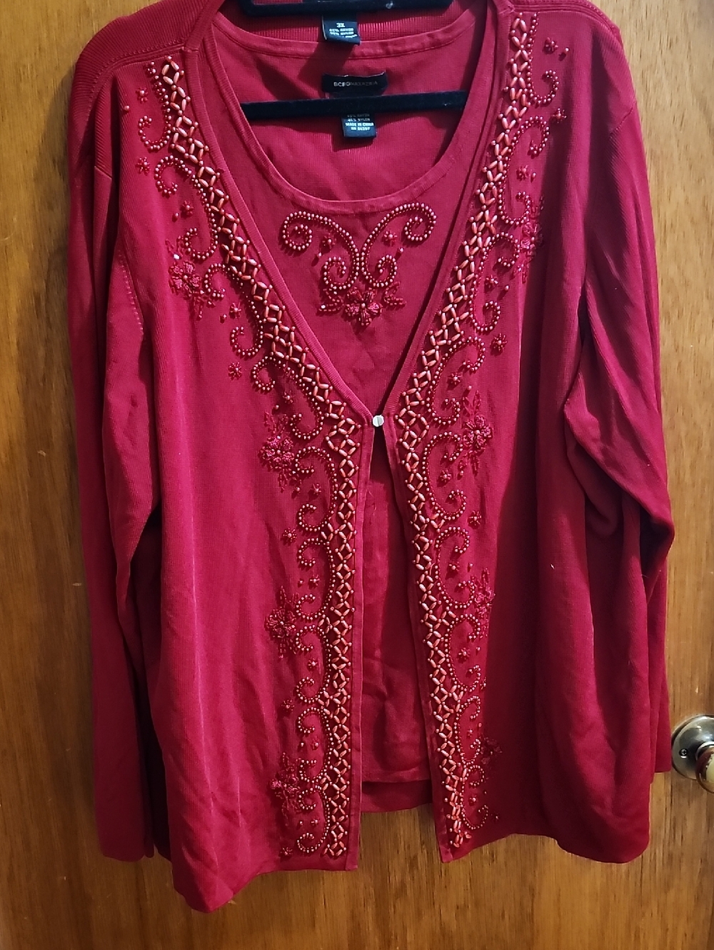 BCBG MAXAZRIA Hand Beaded Deep Red Embellished Layered V-Neck Cardigan Set